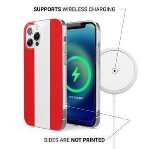 Peut inclure: Une coque de t&eacute;l&eacute;phone &agrave; rayures blanches et rouges avec un dos transparent. La coque de t&eacute;l&eacute;phone est compatible avec la charge sans fil. La coque de t&eacute;l&eacute;phone est pr&eacute;sent&eacute;e sur un chargeur sans fil avec un indicateur de charge de 75%.