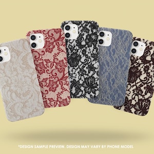 Könnte beinhalten: Fünf Handyhüllen mit Spitzenmustern in Creme, Rot, Schwarz, Blau und Braun. Die Hüllen haben ein florales Spitzendesign und einen Kameraausschnitt. Der Text unten lautet "DESIGN SAMPLE PREVIEW. DESIGN MAY VARY BY PHONE MODEL."