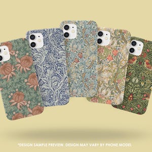 May include: Five phone cases with floral and botanical patterns in shades of green, blue, and beige. The cases feature various designs, including stylized flowers, leaves, and birds. The cases are displayed against a light yellow background.