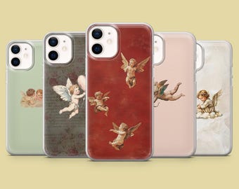 May include: A collection of five phone cases featuring angel illustrations. The cases display various backgrounds, including a sage green, floral, and red design. The angel designs vary, with some holding balloons and others in flight.
