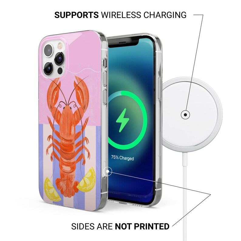 K&ouml;nnte beinhalten: Transparente Handyh&uuml;lle mit rosa Oberteil und blau gestreiftem Boden, mit einer orangefarbenen Hummerillustration und Zitronenscheiben. Der Telefonbildschirm zeigt ein Ladesymbol. Text: SUPPORTS WIRELESS CHARGING und SIDES ARE NOT PRINTED.