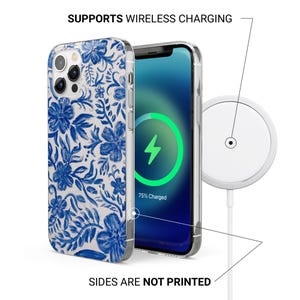 May include: A white phone case with a blue and white floral pattern. The phone case is compatible with wireless charging. The text "SUPPORTS WIRELESS CHARGING" and "SIDES ARE NOT PRINTED" are visible on the image.