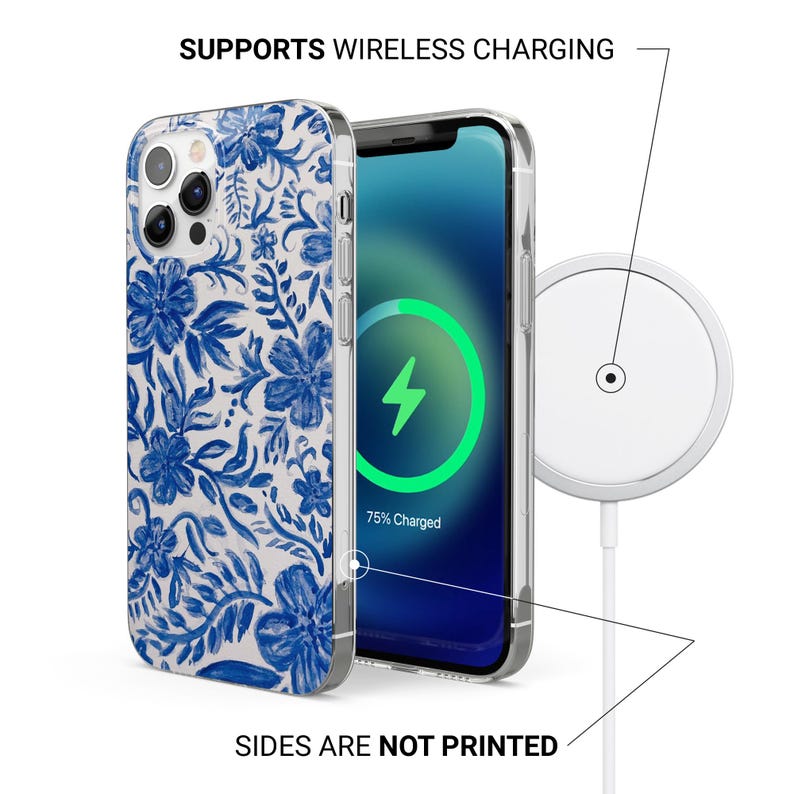 May include: A white phone case with a blue and white floral pattern. The phone case is compatible with wireless charging. The text "SUPPORTS WIRELESS CHARGING" and "SIDES ARE NOT PRINTED" are visible on the image.