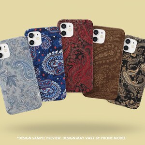 May include: Five phone cases with paisley patterns in various colors: gray, navy blue, red, brown, and black. The cases have a glossy finish and a camera cutout. The text at the bottom reads "DESIGN SAMPLE PREVIEW. DESIGN MAY VARY BY PHONE MODEL."