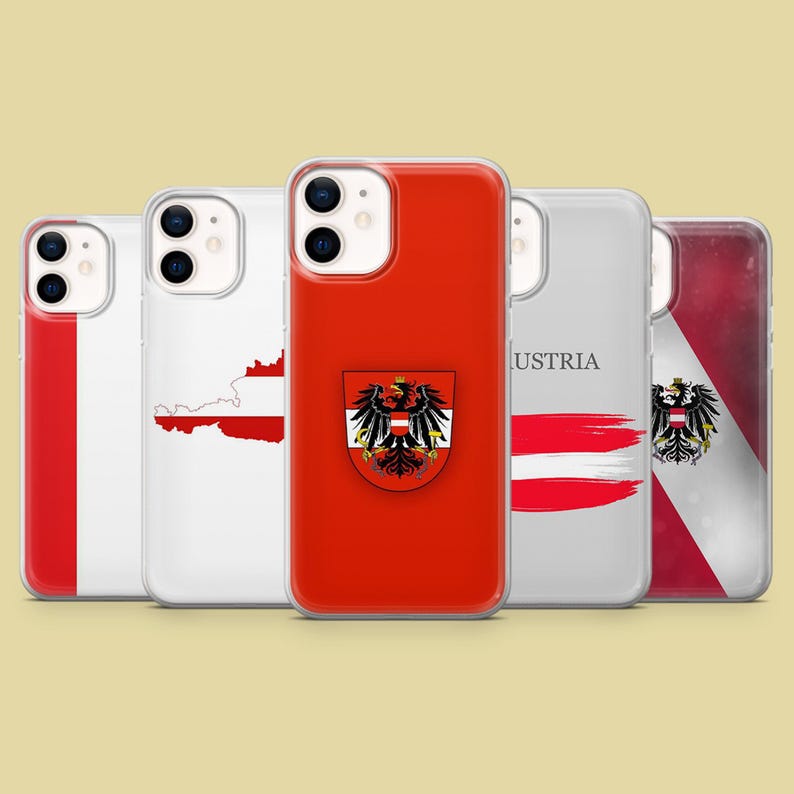 Peut inclure: Cinq &eacute;tuis pour iPhone diff&eacute;rents avec des motifs de drapeaux autrichiens. Les &eacute;tuis pr&eacute;sentent le drapeau autrichien, les armoiries autrichiennes et le mot "Autriche".