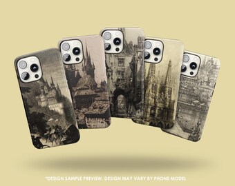 May include: Five phone cases with sepia-toned architectural designs, including castles and cathedrals. The cases are displayed against a light yellow background. The text at the bottom reads "DESIGN SAMPLE PREVIEW. DESIGN MAY VARY BY PHONE MODEL."