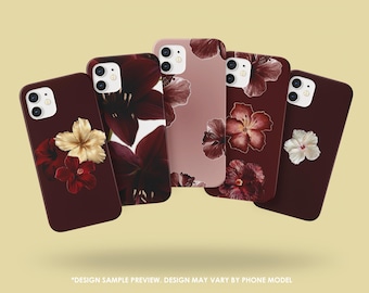 Maroon Floral Tough Case Burgundy Snap Case for iPhone 17Pro, 16, 15, 14, 13, 12 Samsung S25, S24, S23, S22, A51, A52, A56, Pixel 10, 9Pro