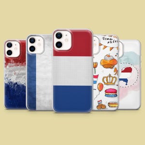 May include: Five different phone cases with designs inspired by the Netherlands. The cases feature a Dutch flag, a watercolor design, a design with Dutch food and a crown, and a design with a Dutch flag and tulips.