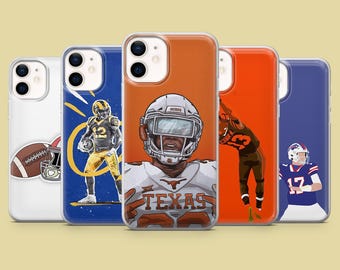 May include: Five different phone cases with a football theme. The cases are clear and show different football players in various poses. The cases are all for iPhone.
