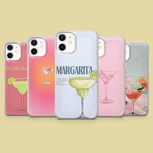 May include: A collection of phone cases featuring margarita cocktail designs. The cases display illustrations of margaritas, with text including the word "Margarita" and a recipe. The cases are in various colors, including pink, white, and green.