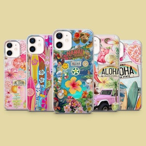 May include: A collection of five phone cases with vibrant Hawaiian-themed designs. Each case features colorful illustrations of surfboards, flowers, and tropical scenes. The cases display the word "Aloha" and other Hawaiian imagery.