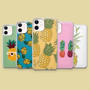 May include: Set of five phone cases featuring pineapple designs. The cases are clear, with different pineapple patterns in yellow, green, and blue. One case has a cartoon pineapple wearing sunglasses.