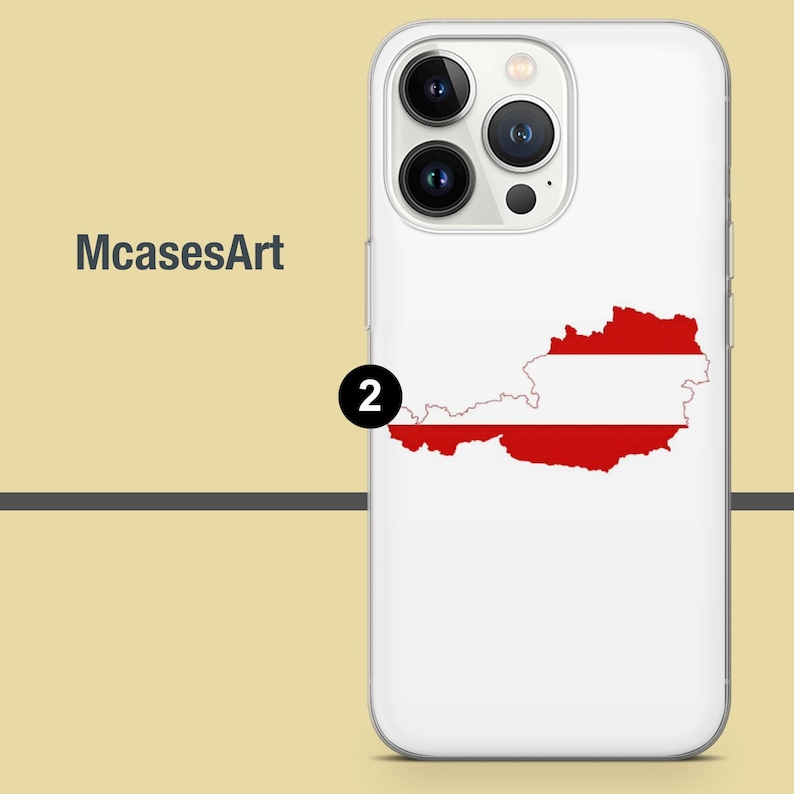 Peut inclure: Coque de t&eacute;l&eacute;phone iPhone blanche avec un contour rouge et blanc de l'Autriche. La coque a le num&eacute;ro "2" dans un cercle en haut &agrave; gauche.