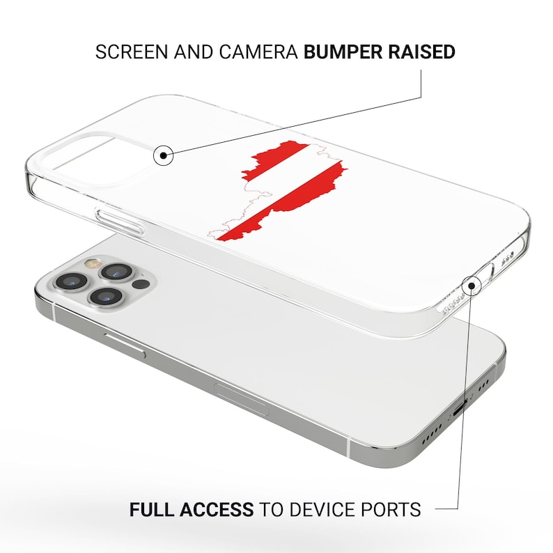 Peut inclure: Une coque de t&eacute;l&eacute;phone transparente avec un pare-chocs sur&eacute;lev&eacute; pour prot&eacute;ger l'&eacute;cran et l'appareil photo. La coque pr&eacute;sente un graphique du drapeau autrichien au dos. Le texte "SCREEN AND CAMERA BUMPER RAISED" est en haut de l'image et le texte "FULL ACCESS TO DEVICE PORTS" est en bas de l'image.