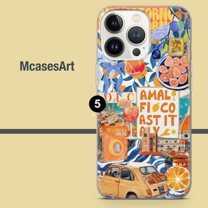 May include: A colorful phone case with a collage of images, including a vintage car, a glass of orange juice, lemons, and the text "Amalfi Fico Ast It Ay".