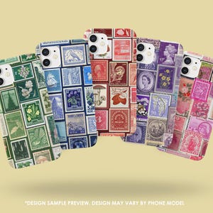 May include: Five phone cases adorned with vintage postage stamp patterns. The cases display a range of colours, such as green, blue, red, purple, and pink. Each case is covered in a collage of stamps with diverse imagery and text. The text at the bottom says "DESIGN SAMPLE PREVIEW. DESIGN MAY VARY BY PHONE MODEL."