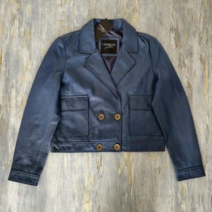 Blue Cropped Leather Jacket for Women, Short Leather Coat for Women, Cropped Real Leather Blazer, Genuine Leather Outerwear, Gift for her.