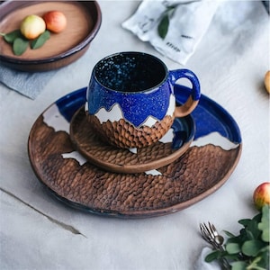 Handmade Ceramic Tea Set – Tea Cup and Saucer, Stoneware Mug, Matcha Bowl, Latte Mug, Plate,Set, 1st Anniversary Gift