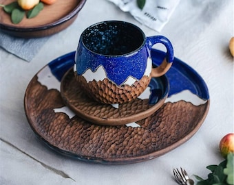 Handmade Ceramic Tea Set – Tea Cup and Saucer, Stoneware Mug, Matcha Bowl, Latte Mug, Plate,Set, 1st Anniversary Gift