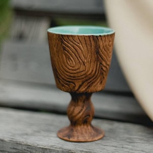 Handmade Ceramic Goblet | Pottery Chalice with Wood Texture and Blue Glaze | Rustic Clay Cup for Wine, Water or Juice | Gift for Him or Her