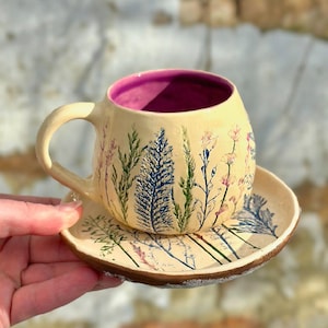 Ceramic Tea Cup and Saucer Set \ Espresso Cup \ Handmade Pottery \ Floral Ceramic Cup \ Gift for Her \ Ceramic Coffee Cup