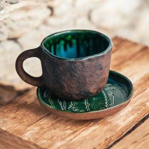 Handmade Ceramic Cup and Saucer Set | Slavic Folk Pottery | Green Leaf Plate | Rustic Clay Tea Cup with Embossed Pattern | Gift for Tea Love