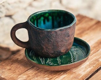 Handmade Ceramic Cup and Saucer Set | Slavic Folk Pottery | Green Leaf Plate | Rustic Clay Tea Cup with Embossed Pattern | Gift for Tea Love