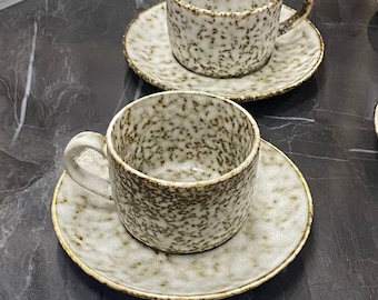Cappuccino or Tea Cups | Ceramic Cup and Saucer | Handmade Stoneware Coffee Mug Set | Gift for Tea Lover |  Cozy Kitchen Drinkware
