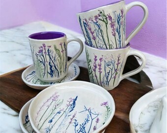 Handmade Ceramic Mug & Saucer Set with Wildflower Design | Cup for Tea or Coffee | Botanical Pottery Gift for Her | Wildflower Kitchen Decor