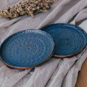 Handmade Lace Ceramic Plate | Blue Textured Pottery Dish for Rustic Kitchen | Small Dessert or Toast Plate | Gift for Mom or Tea Lover