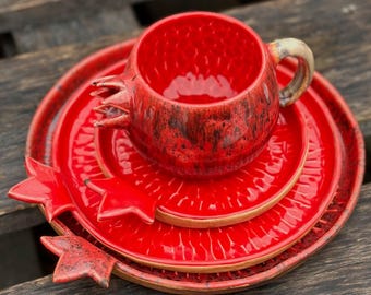Handmade Ceramic Dinnerware Set \ Tea Set with Cappuccino Cup & Bowls \ Pomegranate Decor \ Stoneware Gift \ 6th or 8th Anniversary