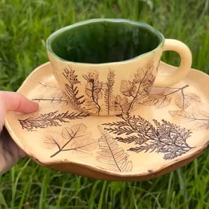 Ceramic Cup and Plate | Handmade Pottery from Herbs Collection | For Coffee, Tea, Cappuccino or Cocoa | Botanical Gift for Her or Him