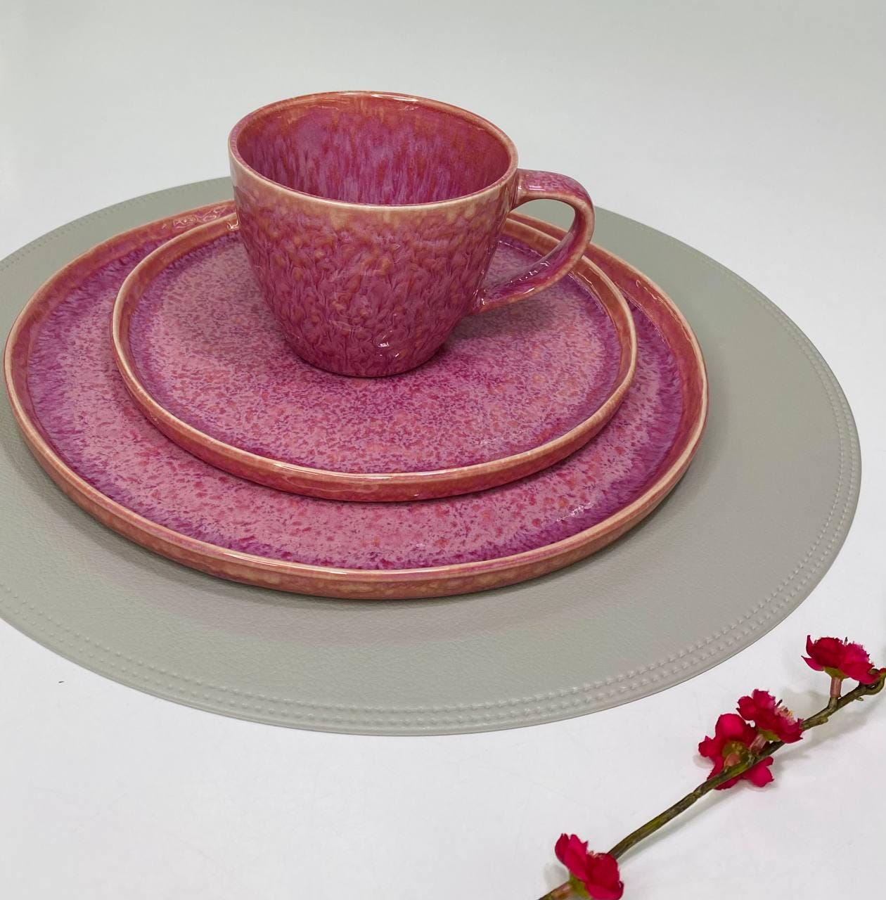 Pretty Pink Pottery Dinner Set for Her | Handmade Stoneware Mug & Plates | Cappuccino Cup | Kitchen Gift | Handmade Ceramic Dinner Set