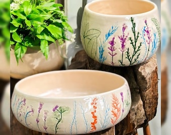 Matcha, Salad, Ice Cream or Popcorn Bowl | Handmade Ceramic Bowl and Tea Cup | Botanical Pottery Gift | Cozy Rustic Kitchen Decor