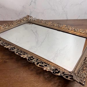 Vintage Rectangular Filigree Mirrored Vanity Tray 15x10” (12x8” mirror)