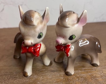 Vintage Set of 2 Christmas Reindeer Salt and Pepper Shakers, as found