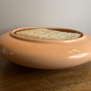 May include: A peach-colored, oval-shaped ceramic planter. The planter has a wide, shallow design with a smooth, glossy finish. The interior contains a light-colored, textured material, possibly for planting. The planter sits on a wooden surface.