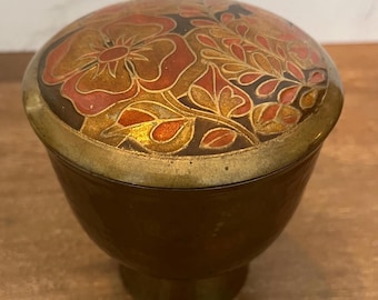 Vintage Brass Pedestal Bowl with Orange Cloisonné Lid 4x4”