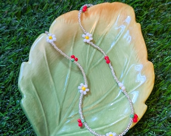 Handmade Beaded Cherry Daisy Necklace: Floral Fruit Jewelry
