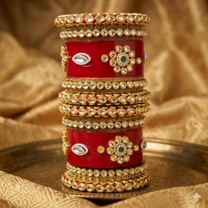 May include: A stack of red and gold bangles with detailed embellishments. The bangles have gold accents, clear stones, and floral patterns with green and white stones. The jewellery is presented on a gold-coloured tray.