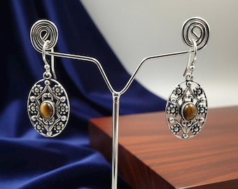 Tiger's Eye Oval Dangle Earrings - Oxidized Silver Filigree, Bohemian Style