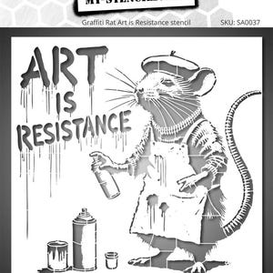 Może przedstawiać: Projekt szablonu przedstawiający szczura w berecie trzymającego puszkę z aerozolem, z napisem "ART IS RESISTANCE" w kroplowym kroju pisma. Zawiera obrazy puszek z farbą i adres strony internetowej.