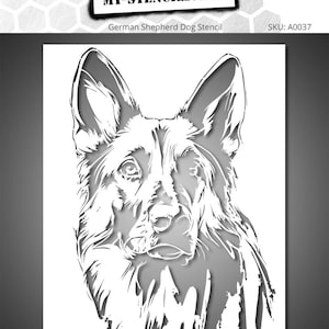 May include: A German Shepherd dog stencil, featuring a detailed depiction of the dog's head and face. The stencil is white, set against a grey backdrop. The text "MY-STENCILS.COM" is visible at the top. The design is suitable for various craft projects.