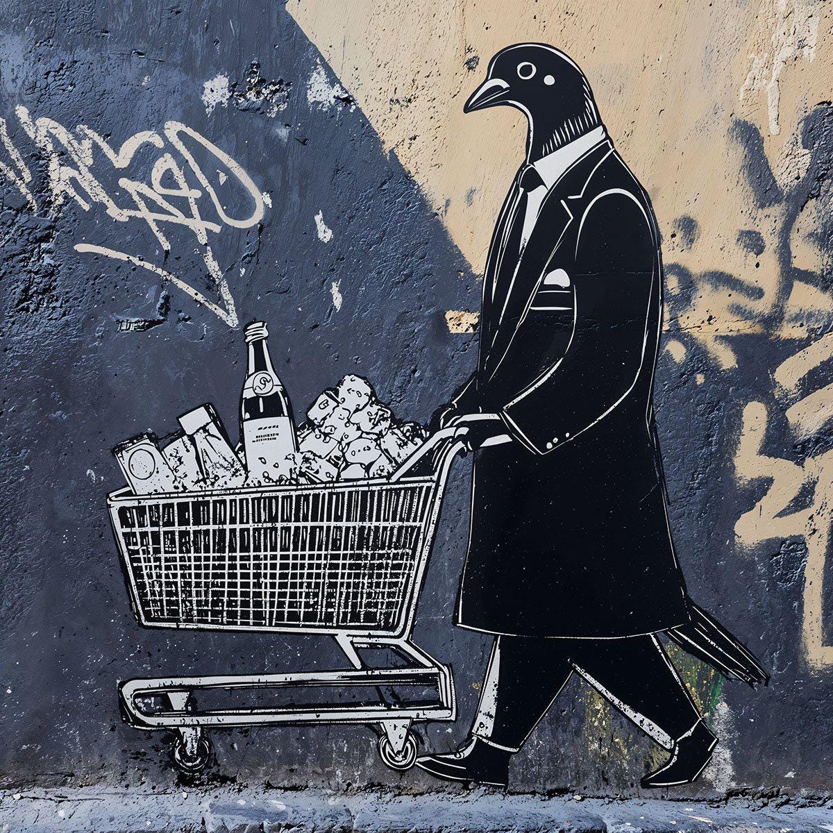 Pigeon at Supermarket Stencil – Quirky Urban Art Template for Wall