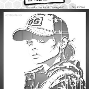 May include: A black and white stencil of a woman wearing a baseball cap with the letters "GG". The stencil is a portrait of a woman with a jacket and a backpack. The text "MY-STENCILS.COM" is at the top.