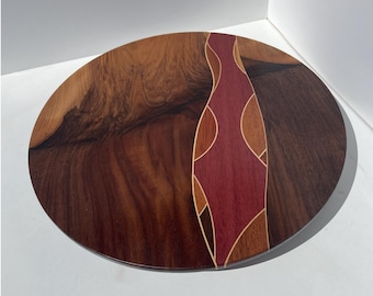 Handcrafted Walnut Lazy Susan with Exotic Wood Inlay, 15-inch