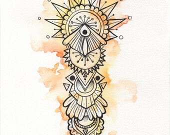 Aquarelle UNIQUE - Amérindiens - Mayas - Mexique - Géométrie - Symbole