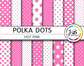 Polka Dots Digital Paper, Hot Pink, Pink, White, Dots, Hearts, Stars, Digital Paper, Digital Download, Scrapbook Paper, Digital Paper Pack