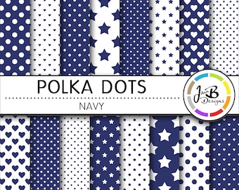 Polka Dots Digital Paper, Navy, Blue, White, Dots, Hearts, Stars, Digital Paper, Digital Download, Scrapbook Paper, Digital Paper Pack
