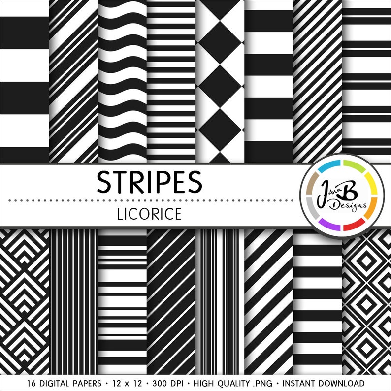 Stripes Digital Paper, Licorice, Black, Black and White, Stripes, Digital Paper, Digital Download, Scrapbook Paper, Digital Paper Pack image 1